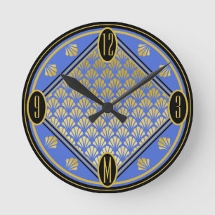 Chic Blue & Black Art Deco Fan Pattern Monogram Ronde Klok