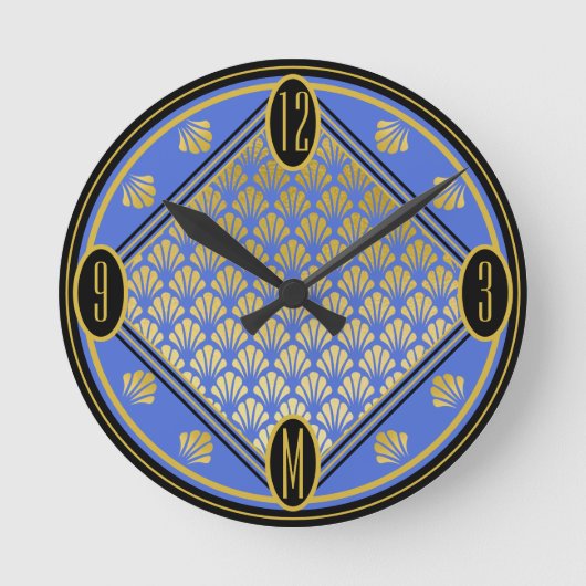 Chic Blue & Black Art Deco Fan Pattern Monogram Ronde Klok (Voorkant)
