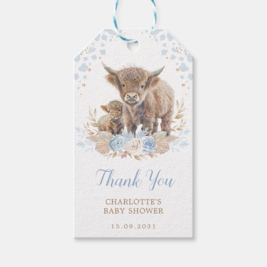 Chic Blue Boho Highland Cowboy Baby shower Cadeaulabel (Voorkant)