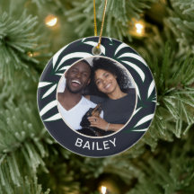 Chic Blue Botanical Dog Foto en naam Kerstmis