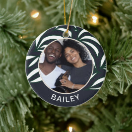 Chic Blue Botanical Dog Foto en naam Kerstmis Keramisch Ornament