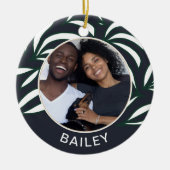 Chic Blue Botanical Dog Foto en naam Kerstmis Keramisch Ornament (Voorkant)