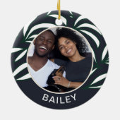 Chic Blue Botanical Dog Foto en naam Kerstmis Keramisch Ornament (Achterkant)