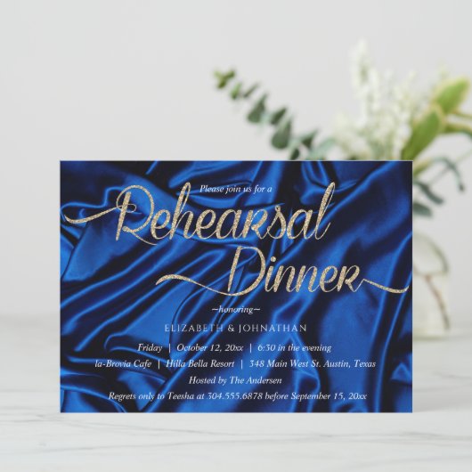 Chic Blue Calligraphy Minimal Rehearsal Dinner Kaart (Staand voorkant)