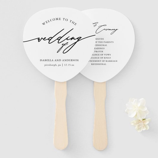 Chic Blue Calligraphy Wedding Program Fan Handwaaier (Voorkant en achterkant)
