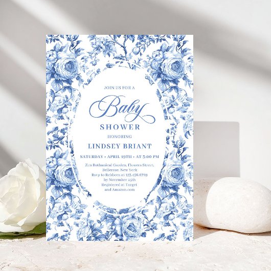 Chic Blue Chinoiserie Toile Baby Shower Invitation Kaart