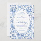 Chic Blue Chinoiserie Toile Floral Wedding Invite Kaart (Voorkant)