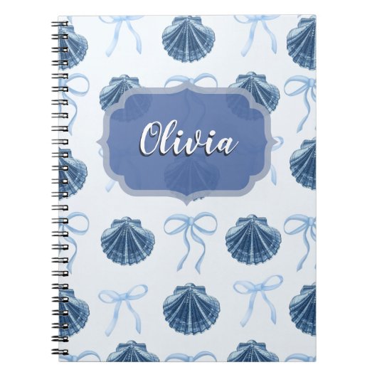 Chic Blue Coastal Shells and Bows Personalized Notitieboek (Voorkant)