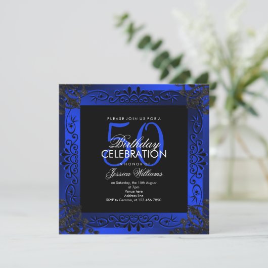Chic Blue Decorative Framed 50th Birthday Kaart (Staand voorkant)