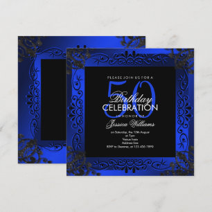 Chic Blue Decorative Framed 50th Birthday Kaart