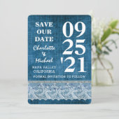 Chic Blue Denim Lace Modern slaat de datum op Kaart (Staand voorkant)