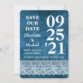 Chic Blue Denim Lace Modern slaat de datum op Kaart (Voorkant)