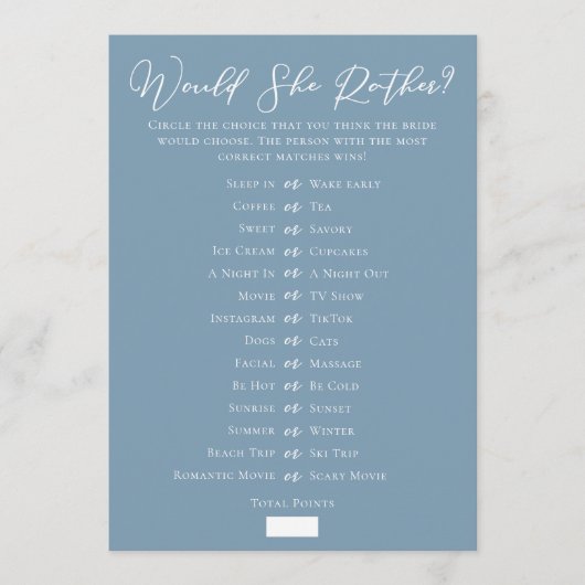 Chic Blue Downloadable Bridal Shower Guess Game Kaart (Voorkant)