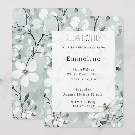 Chic Blue Dragonfly Dream Floral Verjaardag Kaart (Voorkant / Achterkant)