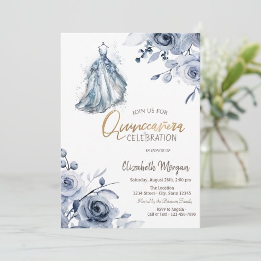 Chic Blue Dress Blue Rozen Quinceañera Kaart (Staand voorkant)