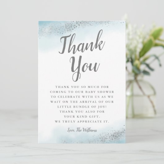 Chic Blue en Silver Glitter Baby shower Bedankkaart (Staand voorkant)