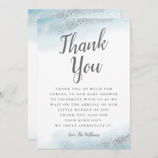 Chic Blue en Silver Glitter Baby shower Bedankkaart (Voorkant / Achterkant)