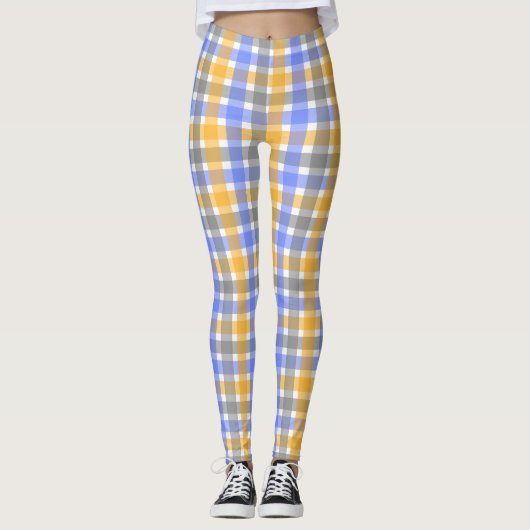 Chic Blue en Tan Check Patroon Leggings (Voorkant)