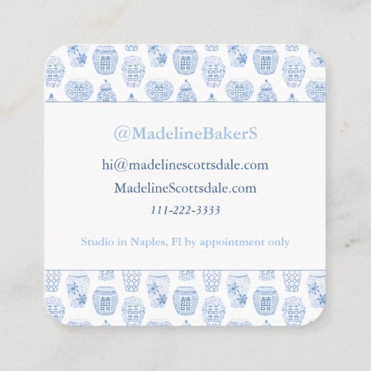 Chic Blue en White Ginger Jar Designer die roept o Vierkante Visitekaartje (Achterkant)