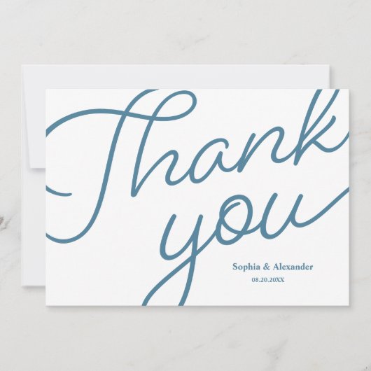Chic Blue en white Script Weddenschap Bedankt (Voorkant)
