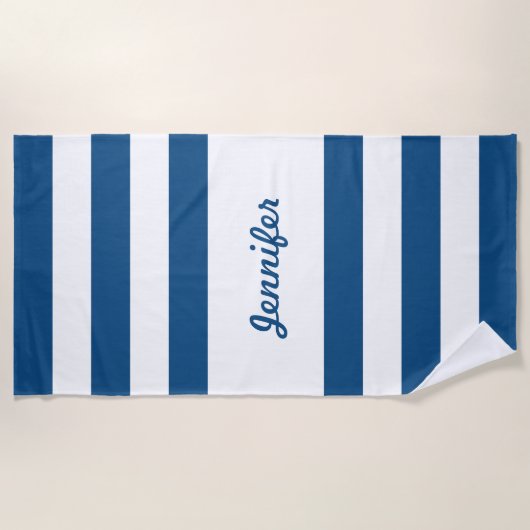 Chic Blue en White Stripes Personalized Strandlaken (Voorkant)