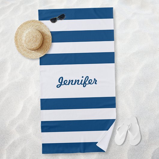 Chic Blue en White Stripes Personalized Strandlaken