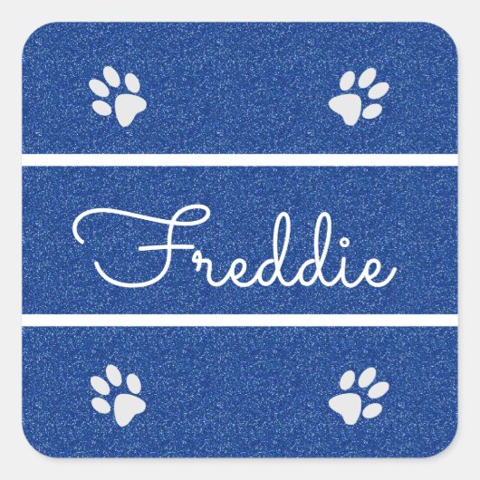 Chic Blue Faux Glitter Gepersonaliseerd Cat Dog Pe Vierkante Sticker (Voorkant)
