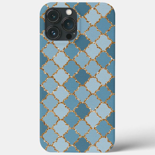 Chic Blue Faux Shiny Gold Glitter Mosaic Patroon Case-Mate iPhone Case (Achterkant)