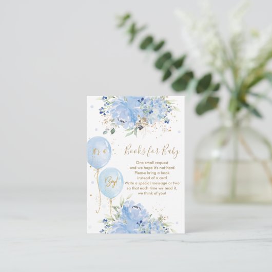 Chic Blue Floral ballonnen Baby Boy brengt boek me Informatiekaartje (Staand voorkant)