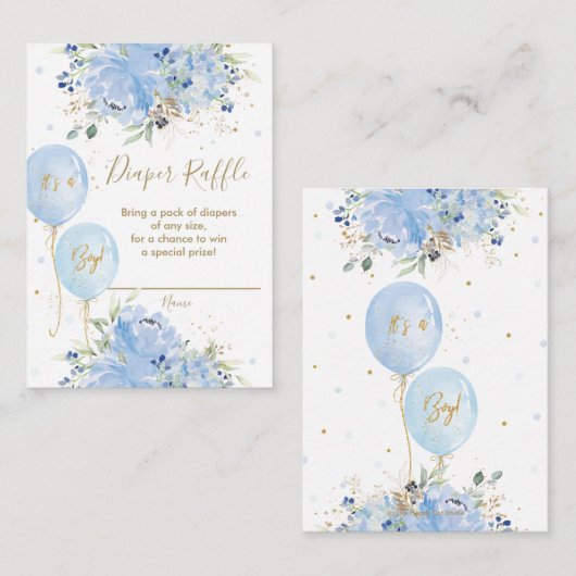 Chic Blue Floral Balloons Baby Boy Diaper Raffle Informatiekaartje (Voorkant / Achterkant)