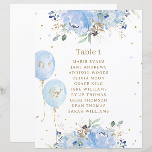 Chic Blue Floral Balloons Baby shower Zitbord (Voorkant / Achterkant)