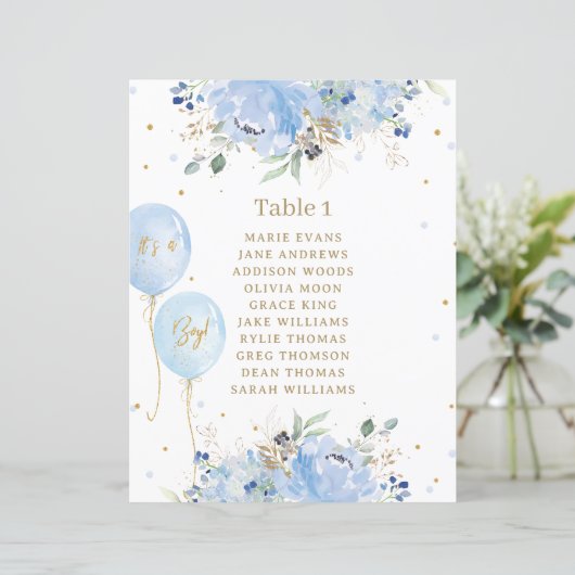 Chic Blue Floral Balloons Baby shower Zitbord (Staand voorkant)
