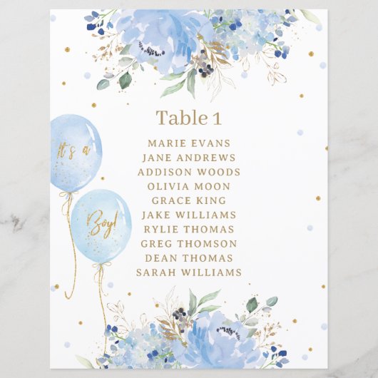 Chic Blue Floral Balloons Baby shower Zitbord (Voorkant)