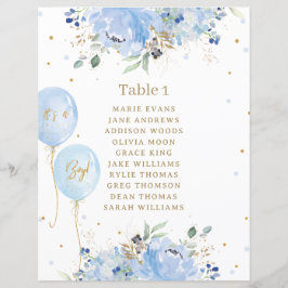 Chic Blue Floral Balloons Baby shower Zitbord