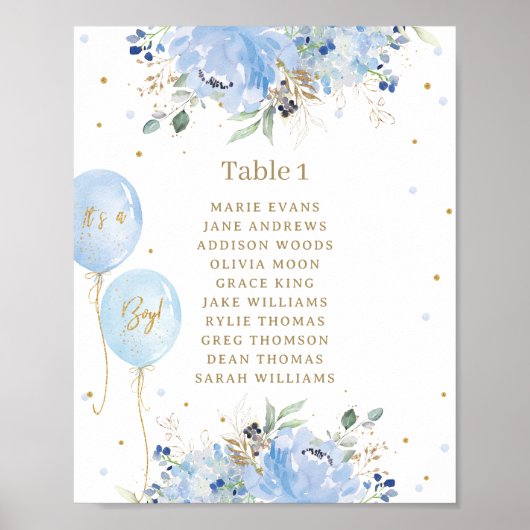 Chic Blue Floral Balloons Baby shower Zitplaatsen Poster (Voorkant)