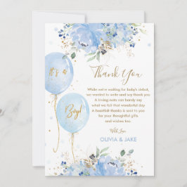 Chic Blue Floral Balloons Gold Boy Baby shower Bedankkaart