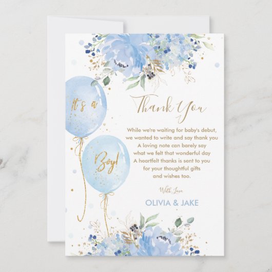 Chic Blue Floral Balloons Gold Boy Baby shower Bedankkaart (Voorkant)