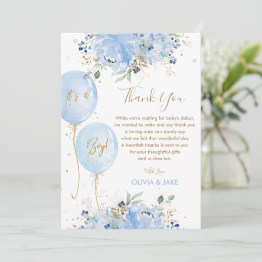Chic Blue Floral Balloons Gold Boy Baby shower Bedankkaart (Staand voorkant)
