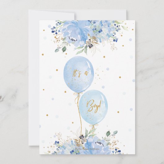 Chic Blue Floral Balloons Gold Boy Baby shower Bedankkaart (Achterkant)