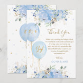 Chic Blue Floral Balloons Gold Boy Baby shower Bedankkaart (Voorkant / Achterkant)