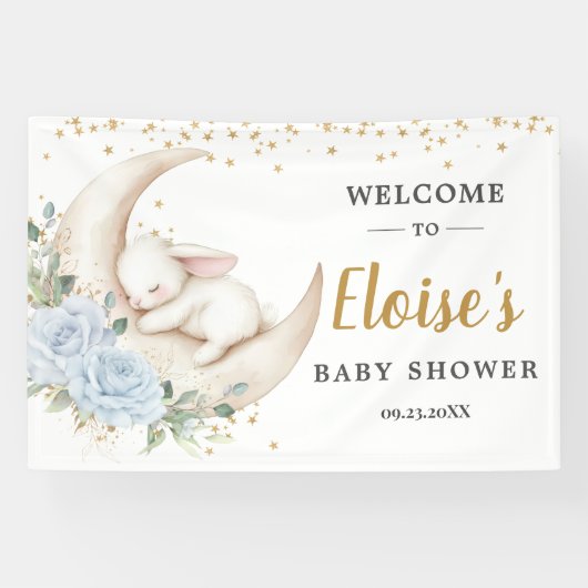 Chic Blue Floral Bunny Rabbit Baby Shower Backdrop Spandoek (Horizontaal)