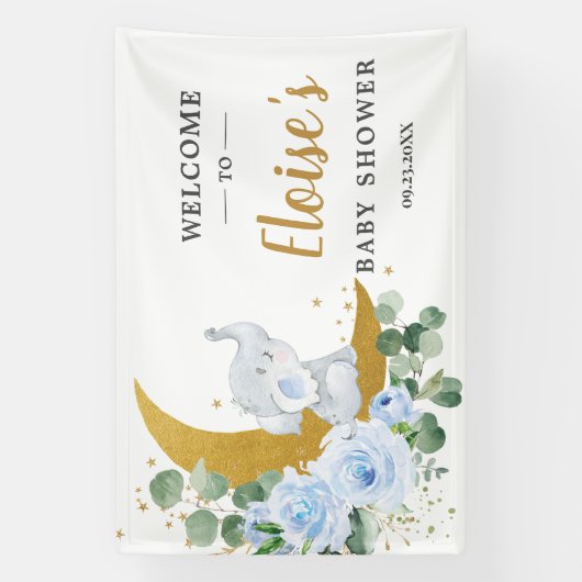 Chic Blue Floral Elephant Baby shower Backdrop Spandoek (Verticaal)