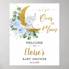 Chic Blue Floral Elephant Moon Baby shower Welkom Poster
