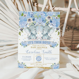 Chic Blue Floral Elephant Twins Baby shower Boys Kaart