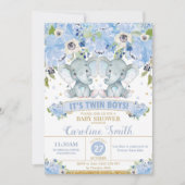 Chic Blue Floral Elephant Twins Baby shower Boys Kaart (Voorkant)