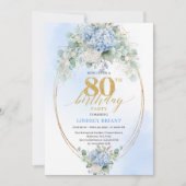 Chic Blue Floral Eucalyptus 80th Birthday Invite Kaart (Voorkant)