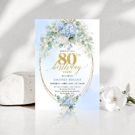 Chic Blue Floral Eucalyptus 80th Birthday Invite Kaart