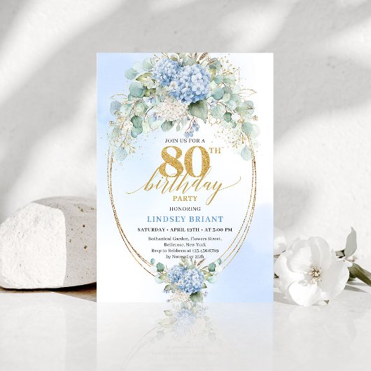 Chic Blue Floral Eucalyptus 80th Birthday Invite Kaart