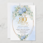 Chic Blue Floral Eucalyptus Gold 90th Birthday  Kaart (Voorkant)