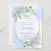 Chic Blue Floral Eucalyptus Gold Oval Wedding Kaart (Voorkant)